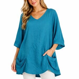 Soft Surroundings Teal Blue Crinkle Tunic Top V-Neck Pockets 25499 Womens‎ L
